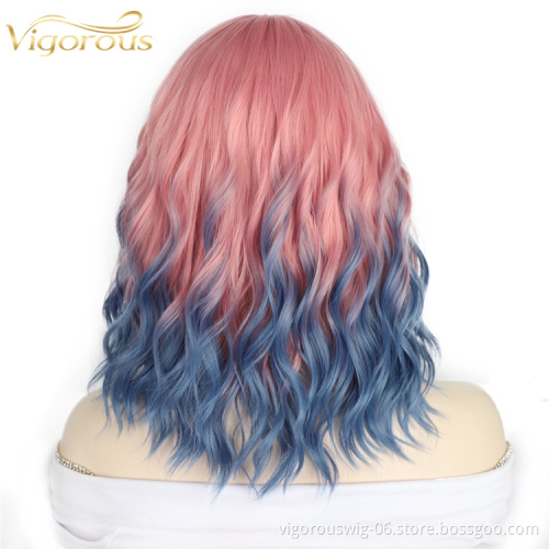 Vigorous High Quality Heat Resistant Ombre Pink To Blue Curly High Fiber Lace Front Cheap Women Wig Synthetic Hair